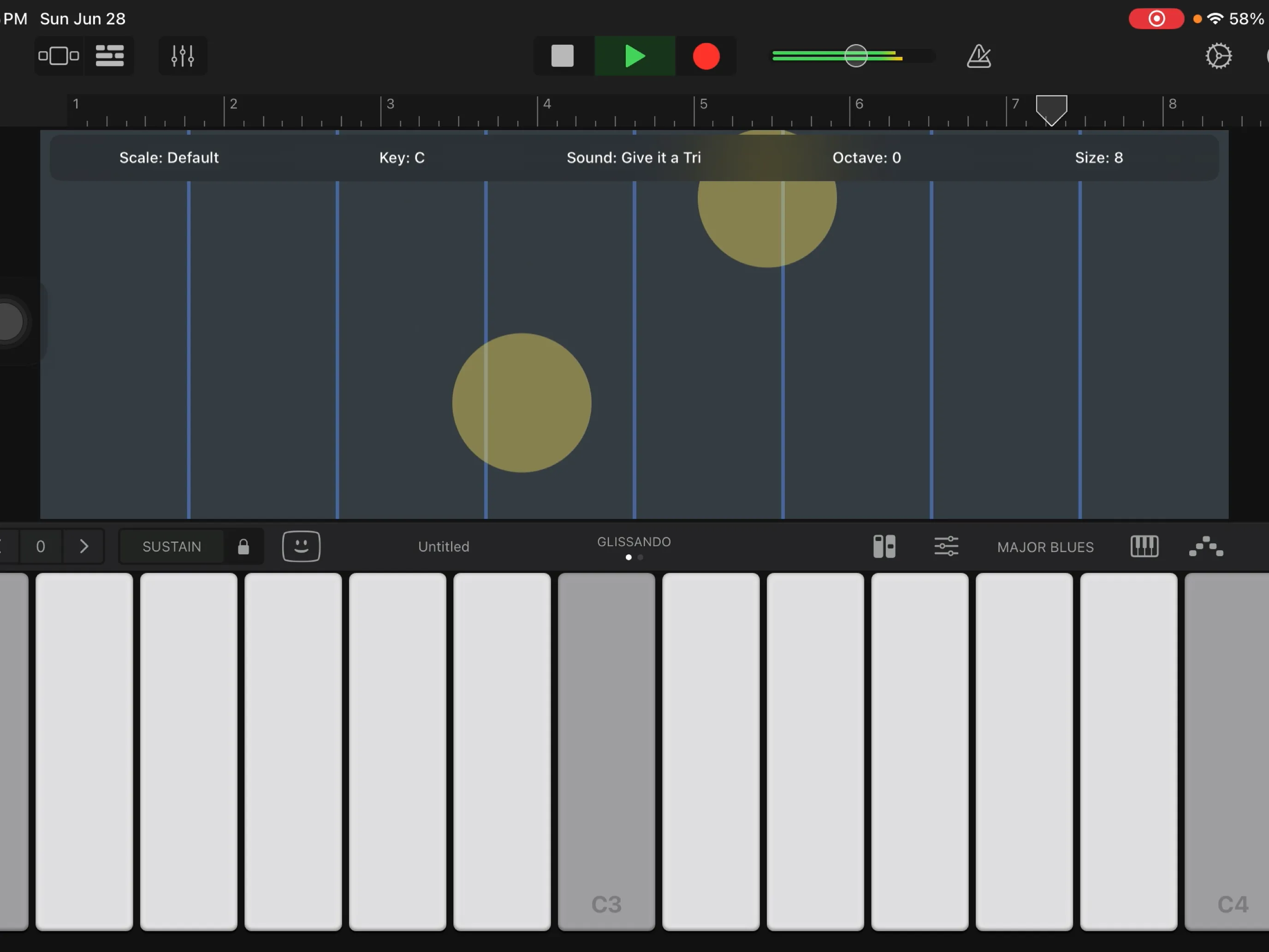 Etherpad AUv3 running inside GarageBand on iPad, layered with drums and other instruments