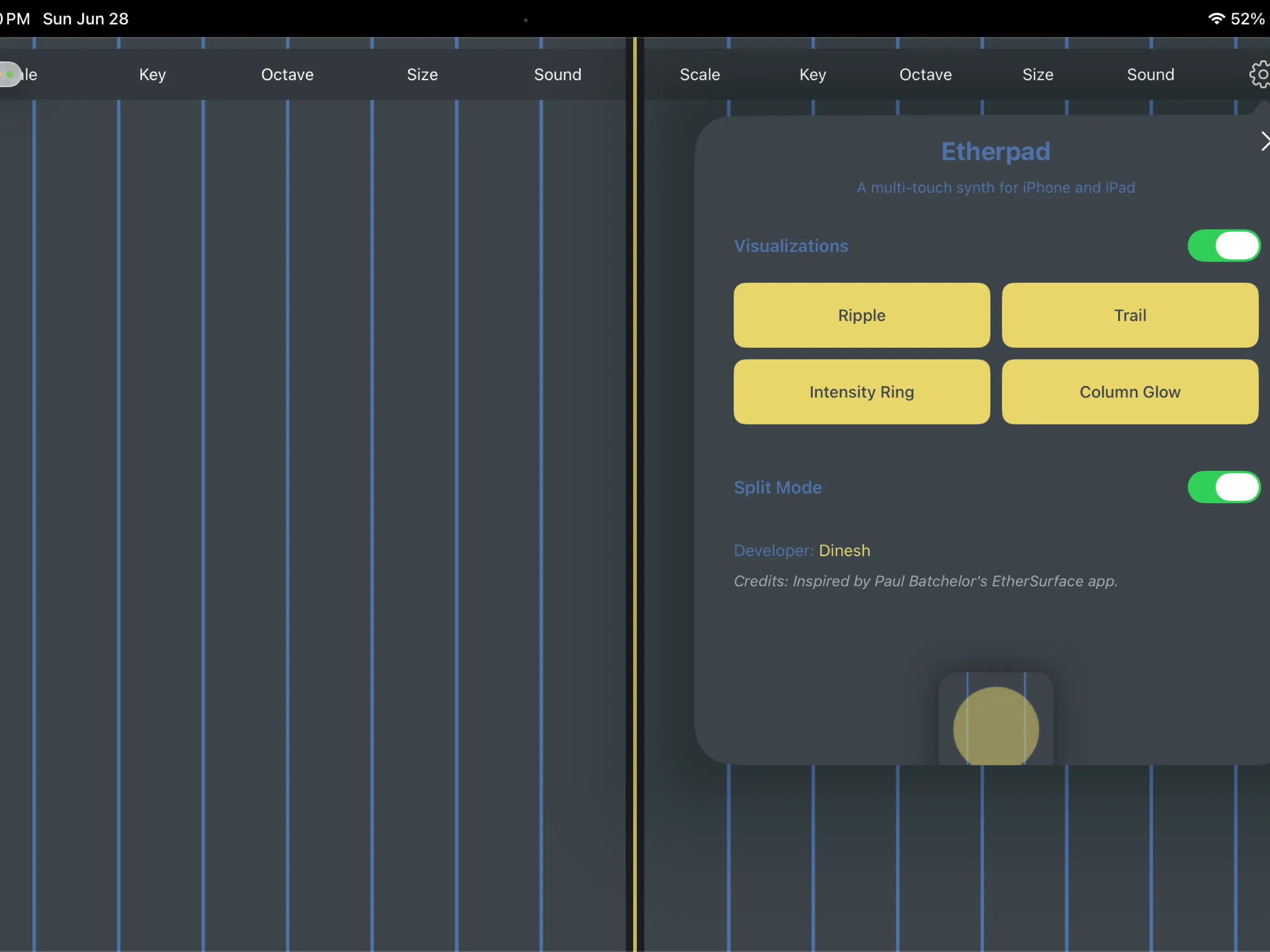 Etherpad on iPad in split-screen mode — two independent synthesizer surfaces side by side