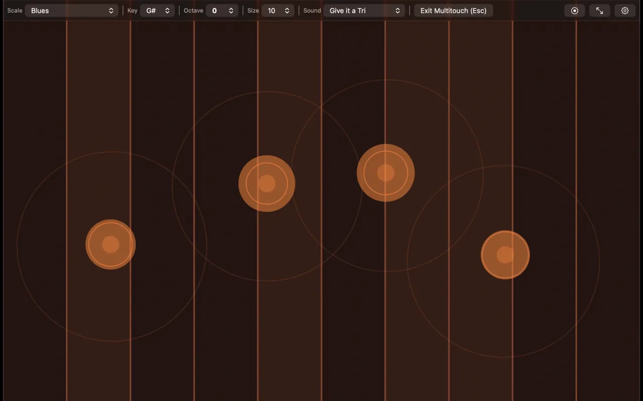 Etherpad on macOS — the multi-touch synthesizer surface with pitch columns and visual effects