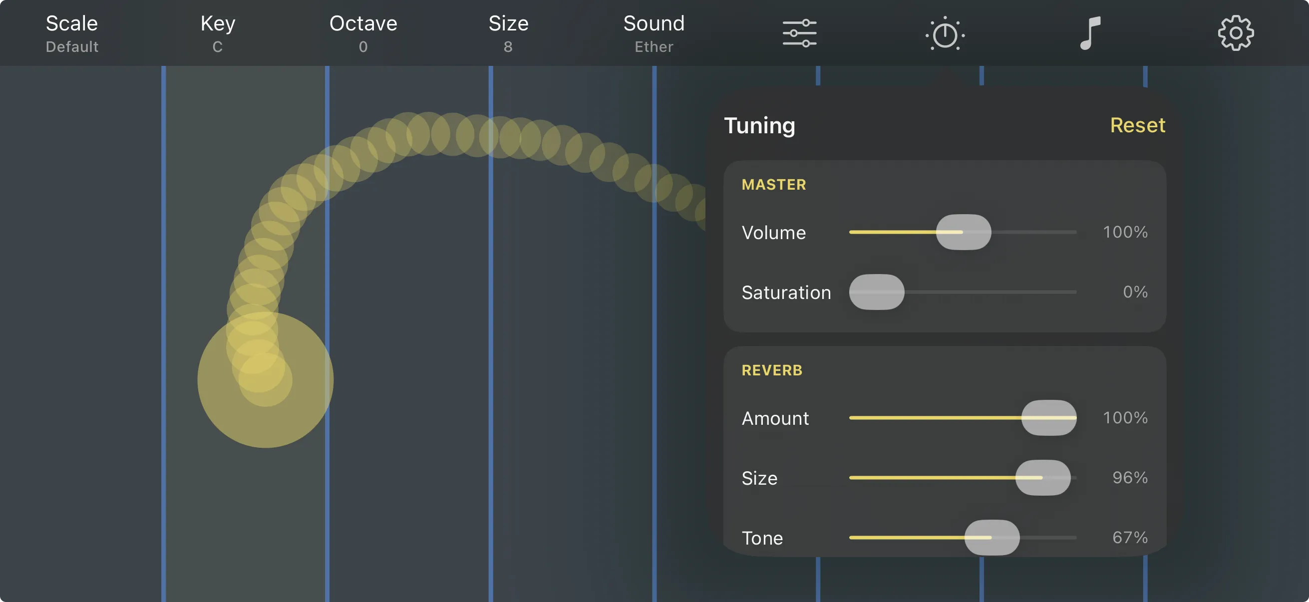 Etherpad's tuning panel showing master volume and saturation sliders, plus reverb amount, size, and tone controls